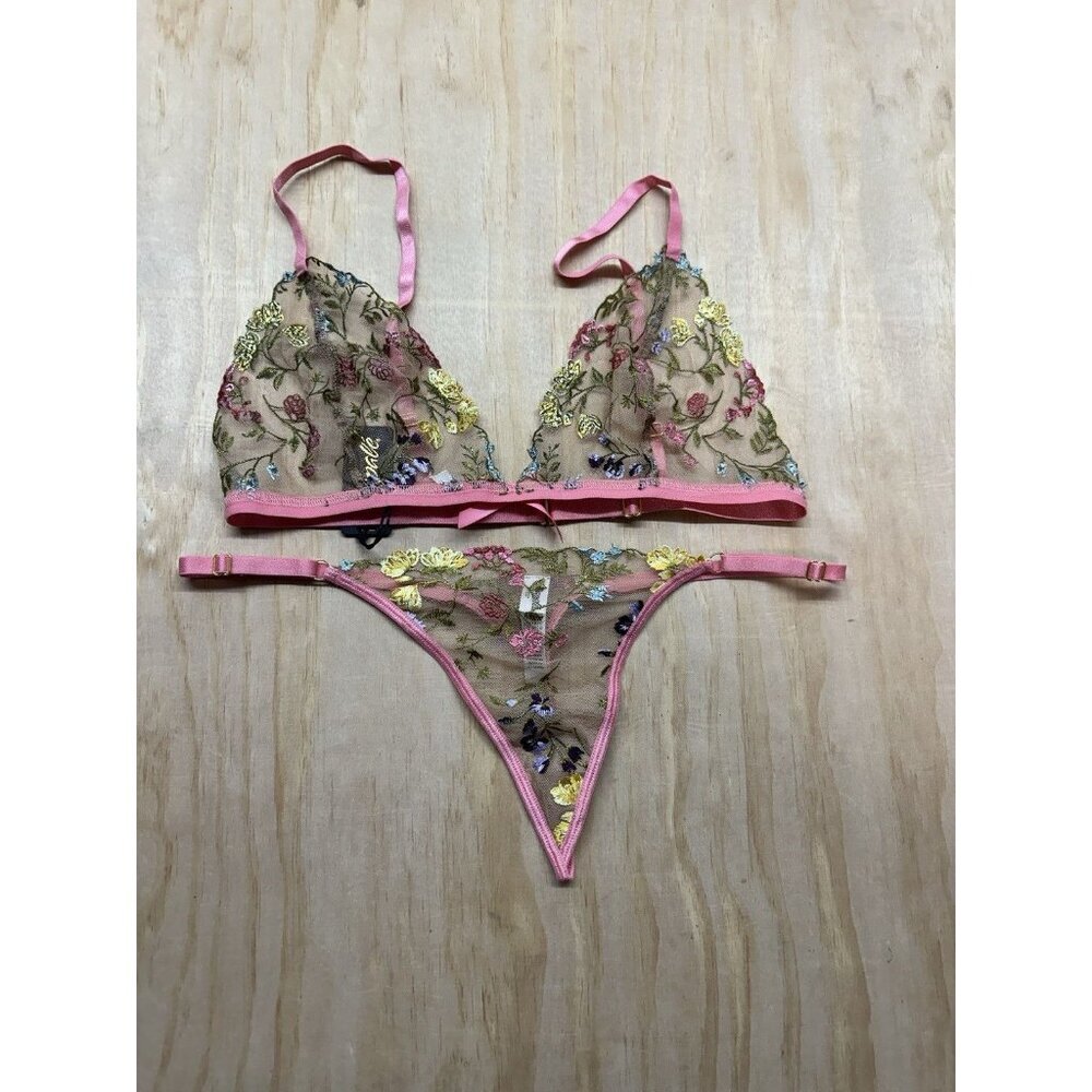 Mapale Floral Embroidered Bra & Thong Set NWTs Sz L Spring Hues Shear Sexy
